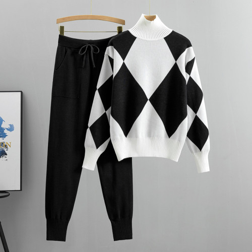 Knitted plaid sweater pants two-piece set