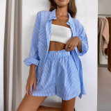 S442 Flip collar long sleeved solid color shirt top shorts two-piece set