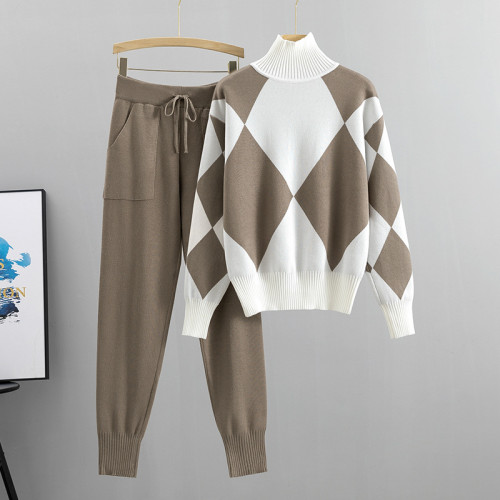 Knitted plaid sweater pants two-piece set