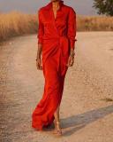 High waisted split floor dress, long sleeved lapel sexy dress