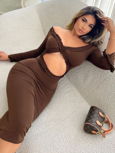 V-neck sexy hollow out slim fit long sleeved dress for women