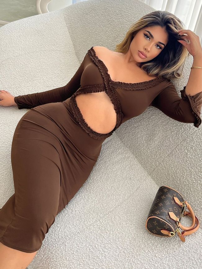 V-neck sexy hollow out slim fit long sleeved dress for women