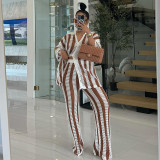 Loose plus collar knit striped shirt, high waisted straight leg pants two-piece set
