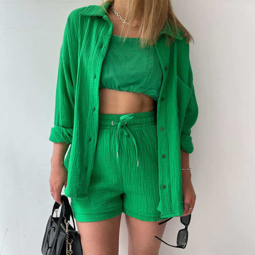 Women's two-piece lapel long sleeved shirt shorts