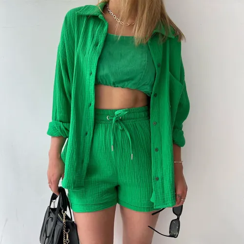 Women's two-piece lapel long sleeved shirt shorts