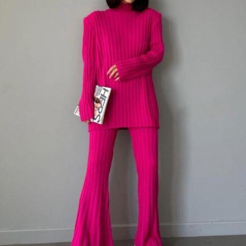 Long sleeved sweater set, knitted top, long pants set, women's