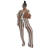 Loose plus collar knit striped shirt, high waisted straight leg pants two-piece set