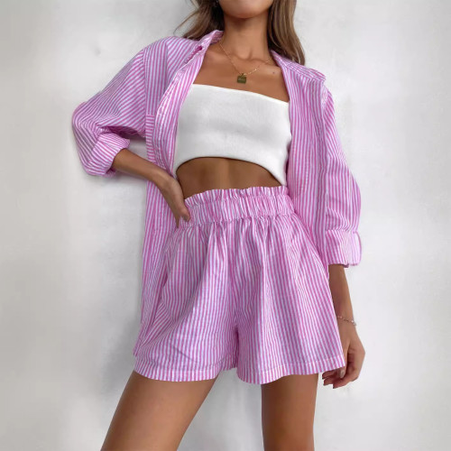 S442 Flip collar long sleeved solid color shirt top shorts two-piece set