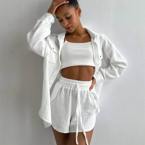 S1058 Two piece set of high waisted shorts with loose collar shirt