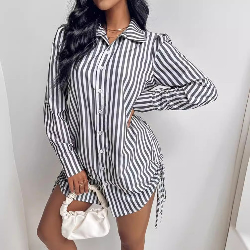 Side drawstring shirt dress for women