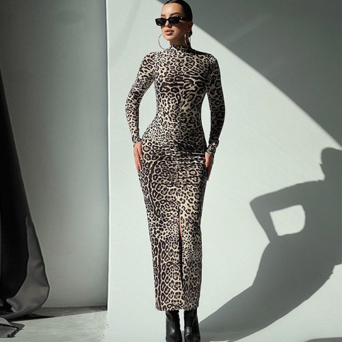 Sexy leopard print long sleeved high waisted slit dress