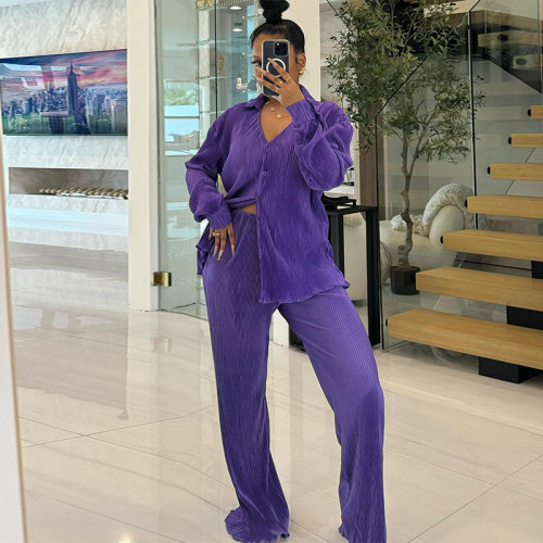 Large V-neck breasted long sleeved shirt, high waisted straight leg pants two-piece set