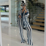 Loose plus collar knit striped shirt, high waisted straight leg pants two-piece set