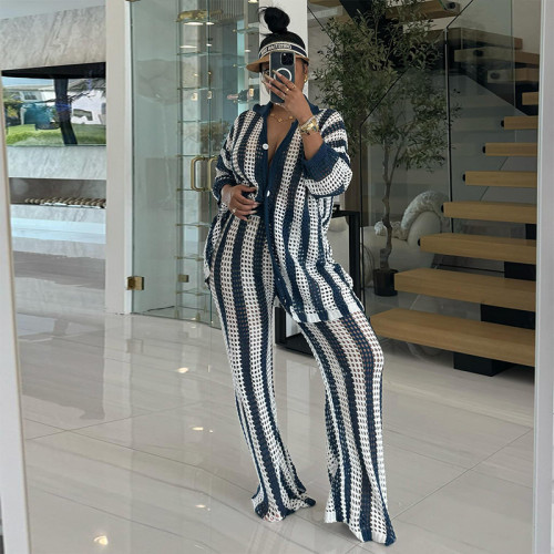 Loose plus collar knit striped shirt, high waisted straight leg pants two-piece set