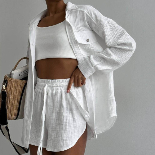 S1058 Two piece set of high waisted shorts with loose collar shirt