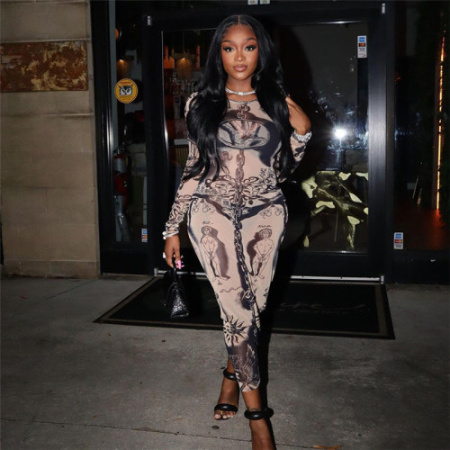 Digital printed high waisted see through jumpsuit for women