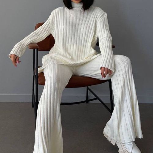 Long sleeved sweater set, knitted top, long pants set, women's