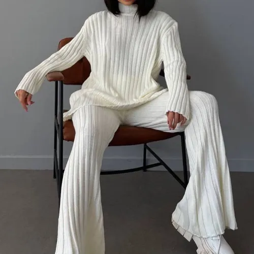 Long sleeved sweater set, knitted top, long pants set, women's