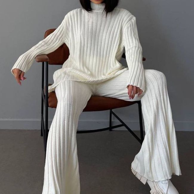 Long sleeved sweater set, knitted top, long pants set, women's