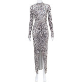 Sexy leopard print long sleeved high waisted slit dress