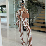 Loose plus collar knit striped shirt, high waisted straight leg pants two-piece set