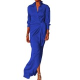 High waisted split floor dress, long sleeved lapel sexy dress