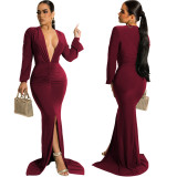 SMR10691 sexy and fashionable solid color long sleeved slit women's dress