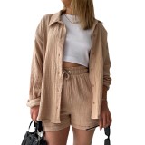Women's two-piece lapel long sleeved shirt shorts