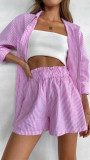 S442 Flip collar long sleeved solid color shirt top shorts two-piece set