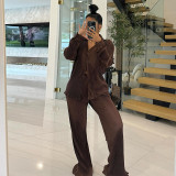 Large V-neck breasted long sleeved shirt, high waisted straight leg pants two-piece set