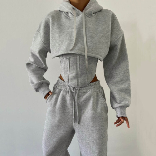 Z1222 Waist waist hooded short hoodie, leg binding pants, three piece set