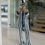 Loose plus collar knit striped shirt, high waisted straight leg pants two-piece set
