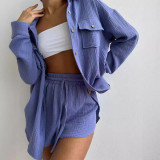 S1058 Two piece set of high waisted shorts with loose collar shirt