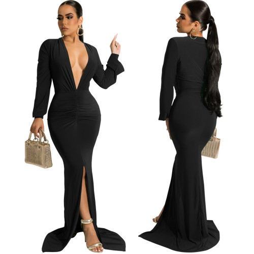 SMR10691 sexy and fashionable solid color long sleeved slit women's dress