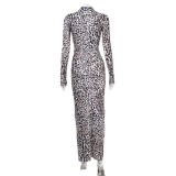 Sexy leopard print long sleeved high waisted slit dress