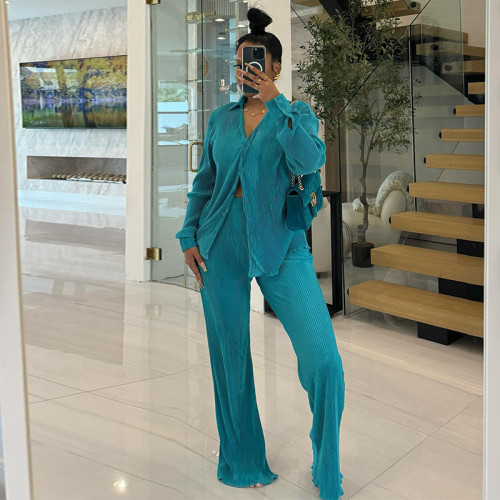 Large V-neck breasted long sleeved shirt, high waisted straight leg pants two-piece set