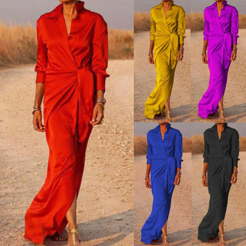 High waisted split floor dress, long sleeved lapel sexy dress