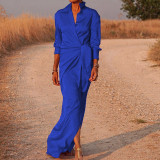 High waisted split floor dress, long sleeved lapel sexy dress