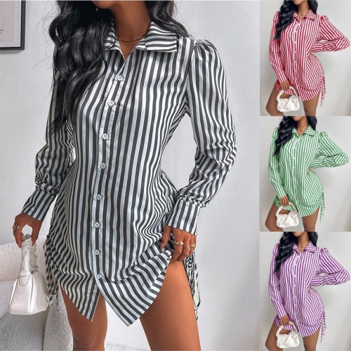 Side drawstring shirt dress for women
