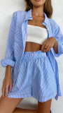 S442 Flip collar long sleeved solid color shirt top shorts two-piece set