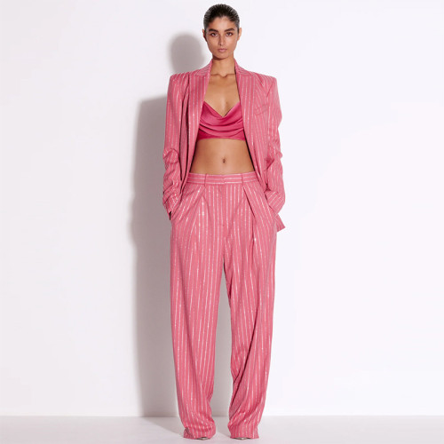 Loose fitting diamond hot stamping suit jacket, long pants set, two-piece set