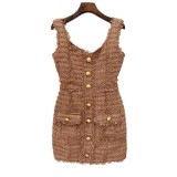 Lion button fringe fringe coarse tweed vest suspender dress