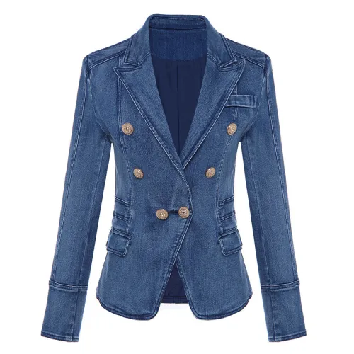 Double row buckle lion buckle washed denim suit jacket