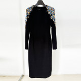 Heavy industry nail bead studded diamond long sleeved mid length dress