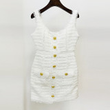 Lion button fringe fringe coarse tweed vest suspender dress