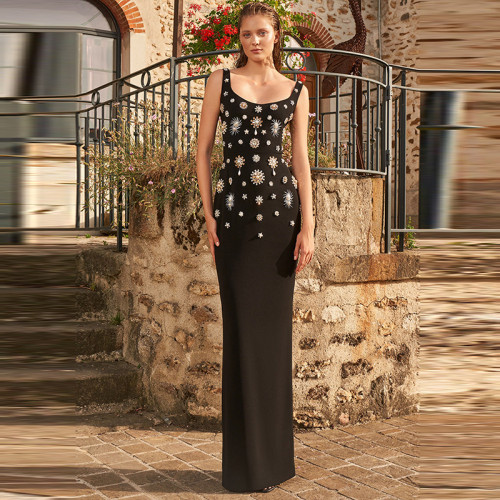 Nail studded diamond elastic vest long dress long skirt formal dress