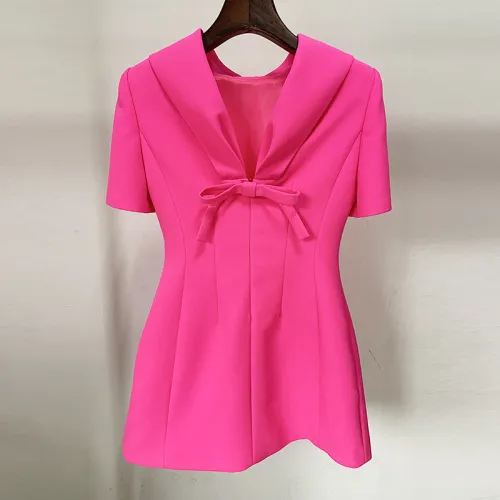 Rose pink series socialite temperament waist and back V bow short sleeved dress