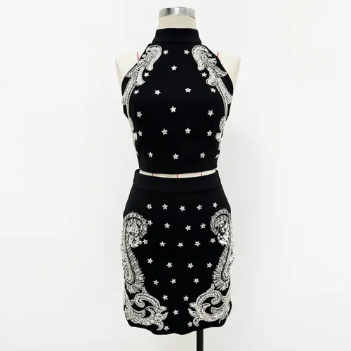 Heavy industry nail bead inlaid diamond sequin hanging neck vest half skirt set