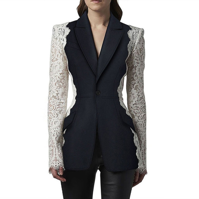 Fashionable slim fit one button contrasting lace patchwork suit jacket