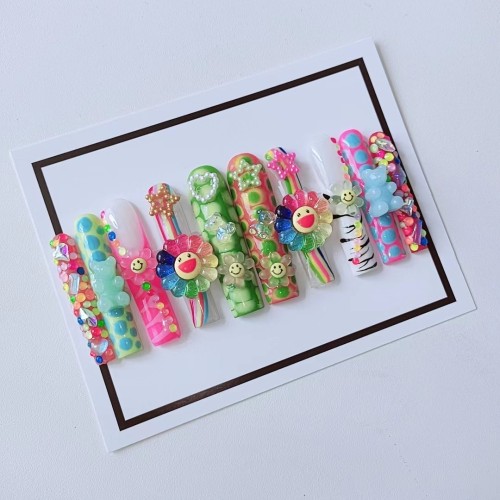 Nail art long style colorful flower candy bear star handmade
